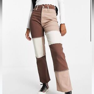 HOLLISTER Ultra High Rise Brown/Tan Patch Work Dad Jean